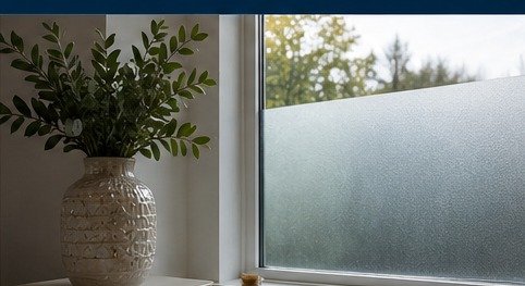 Frosted privacy window film beside a plant