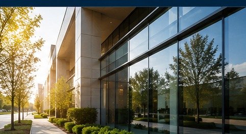 Sunlit commercial building windows