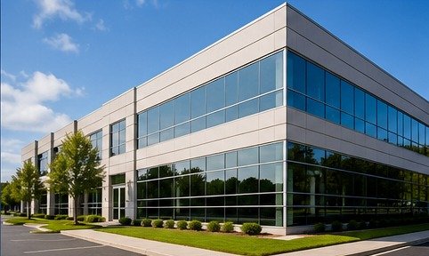 Modern commercial building with tinted windows