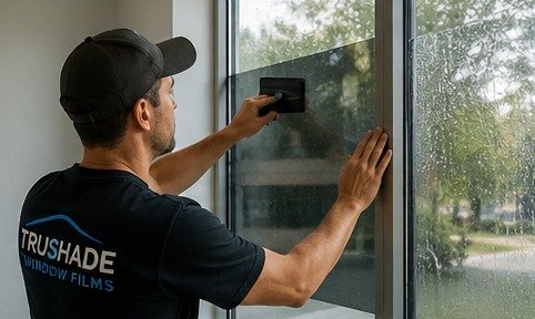 TruShade technician professionally installing window film