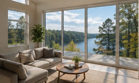 Living room with tinted windows overlooking a lake